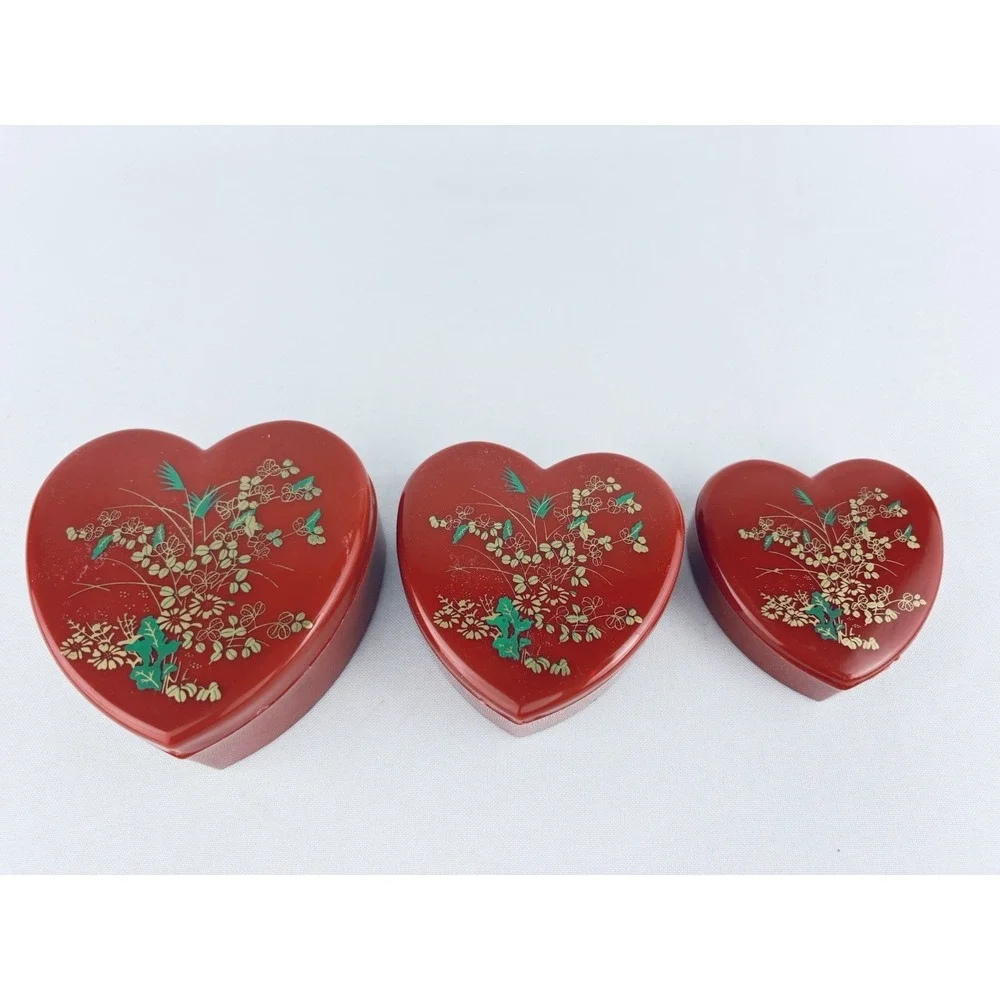 Vintage Red Nesting Heart Trinket Boxes Hong Kong - Plastic Floral Flowers Set 3